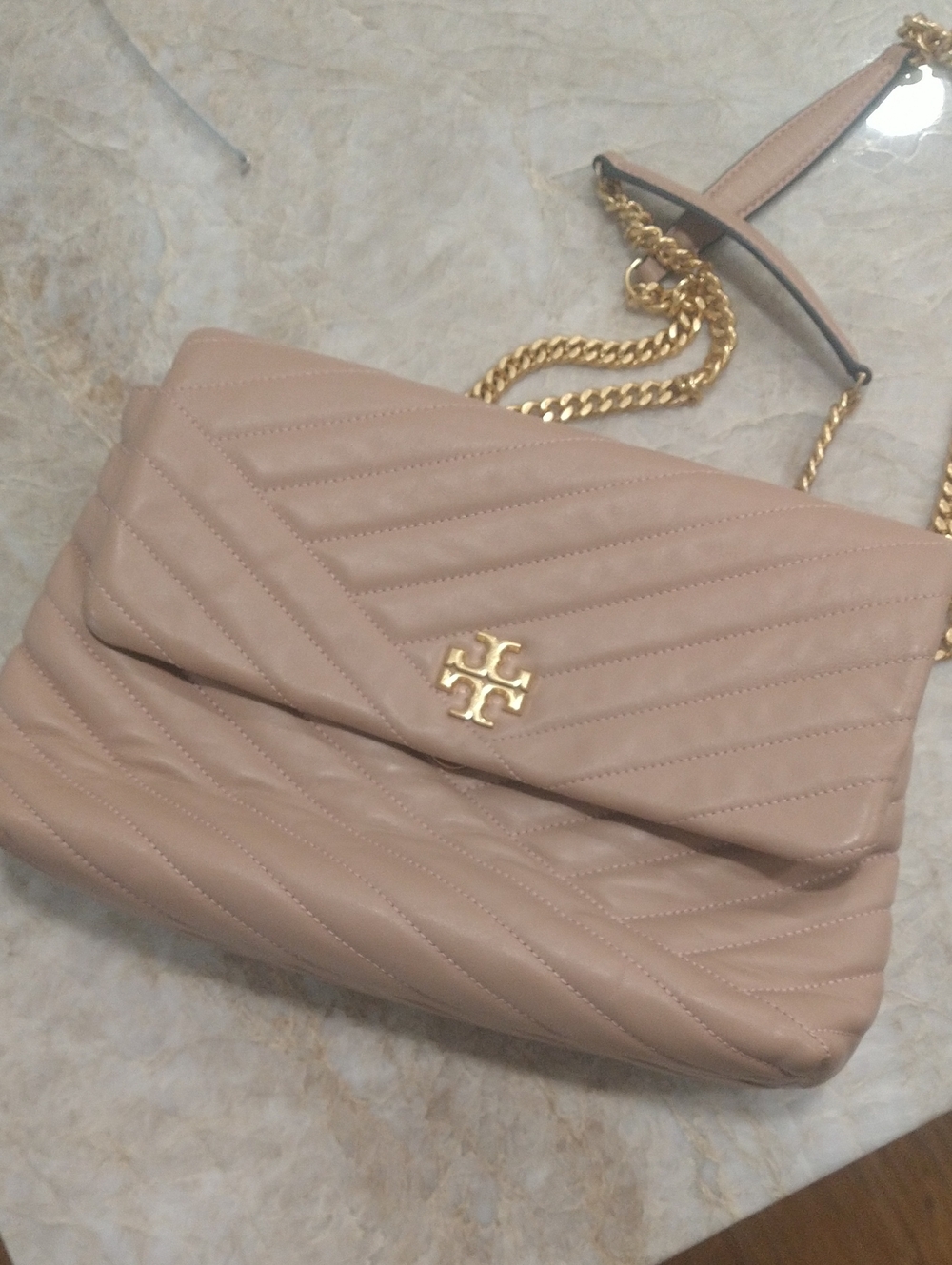 Tory Burch Kira Chevron Leather Shoulder/CrossbdyBag Nude Blush Gold Chain